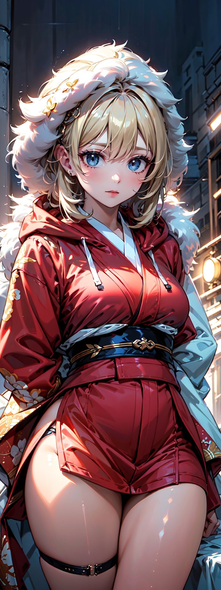 A girl with long blonde hair, fur hooded kimono, red hooded kimono, miniskirt, night streets. (Cinematic lighting, ethereal light, intricate details, extremely detailed, incredible details, full colored), complex details, hyper maximalist, masterpiece, best quality, HDR, UHD, unreal engine. head to thigh,1girl