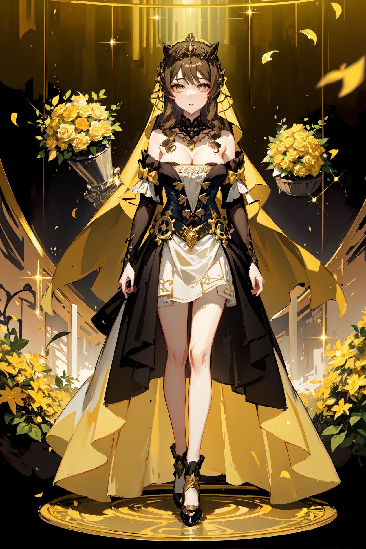 girl, dynamic view, NSFW, , golden patterns, long wedding veil, royalty, tiara, full body, golden flower patterns, nonchalant,absurdres, highres, ultra detailed, bags under eye, tired, sleepy, circles under eyes,mizuhara_chizuru,anime, golden eyes, average_breasts, dark brown hair,titania1