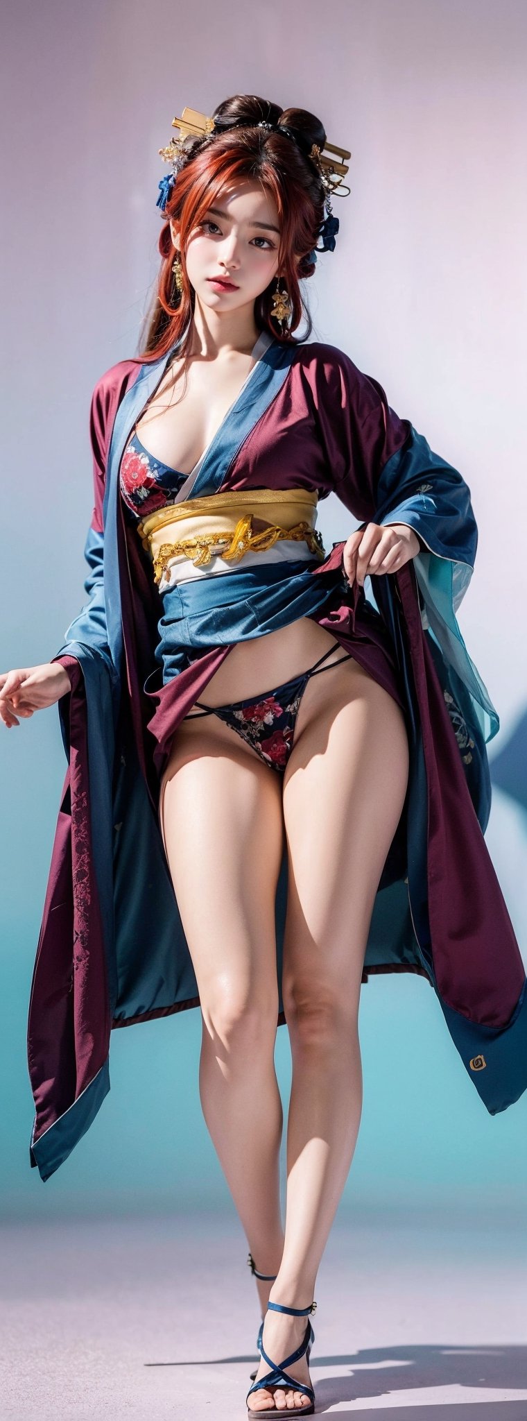 (masterpiece, best quality, photorealistic, high resolution, 8K raw photo),((red hair)) opsional,21yo beautiful japanese girl,erotic lingerie,(((Japanese Geisha's clothes))),japanese hair style,(((Very short Kimono skirt with visible crotch))),erotic panty,big bust,colorful, jewelry,beautiful Slender,very long blowing hair,look at viewer,erotic pose,ellegance,sexy,smooth skin,sensuality and allure, cleavage, detailed face, detailed hands. makeup, eyeliner, eyeshadow, glossy lips, sensual pose, in pain, fans cheering,thousands of fans pink aesthetic background,captivating and visually stunning piece of fractal art featuring,created by a renowned artist, displaying extremely intricate details,vibrant colors. Formal artistic quality with strong aesthetic appeal. High resolution rendering 8k,skirt_lift,1 girl,windlift,dress,STANDING