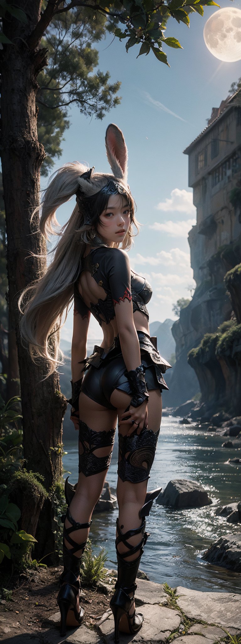 ((Girl)),Moon,(Tree), Alien, River,fantasy,FFIXBG,Cowboy shot ,fran, viera, helmet , revealing clothes, vambraces, armored legwear,looking back
,ff2Maria, high heels