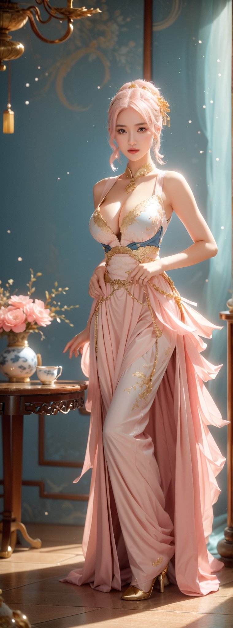 Ceramic material,((light pink hair)), beige gold tone, a 23-year-old Chinese beauty with an elegant and leisurely face, ((big natural breasts)),standing near a gorgeous single baroque sofa with a blue background and gold edges. Her outfit is predominantly white with navy blue trim and detailed with a detailed peony pattern. Her perfect long legs were exposed, and there was a blue and white porcelain teapot and teacup on the table next to the chair, indicating that this was a tea party. The floor beneath her feet was strewn with pearls and red beads. Directly behind the background is a gold-framed Chinese painting, and ornate interior decoration surrounds the central figure, adding to the luxurious feel of the scene.,pastelbg