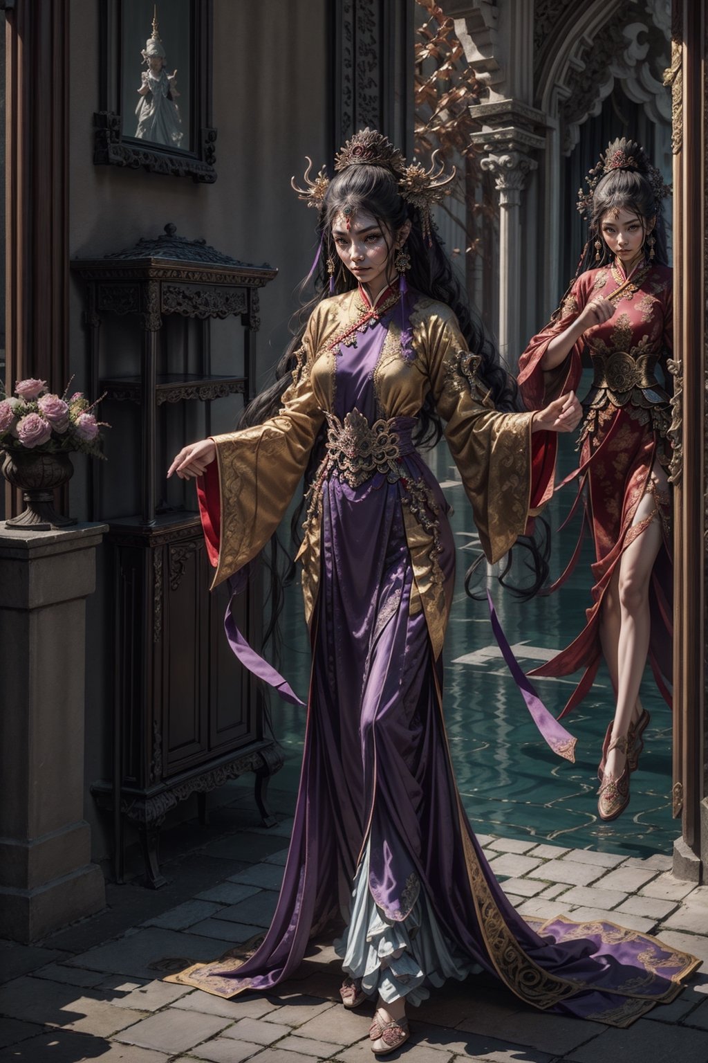Full body shot of a character standing in majestic pose, realistic representation of a fantasy chinese empress with the most sumptuous wedding hanfu dress made of purple silk and richly embroidered with gold and silver threads, intricately carved golden badges and tassels. Art by Yoshitaka Amano, Huang Guangjian, Zhong Fenghua, stunning interpretive visual, gothic regal, colorful, realistic eyes, dreamy magical atmosphere, (film grain), (warm hue, warm tone), cinematic light, side lightings,zhongfenghua,gu,weapon,Makeup,alluring_lolita_girl