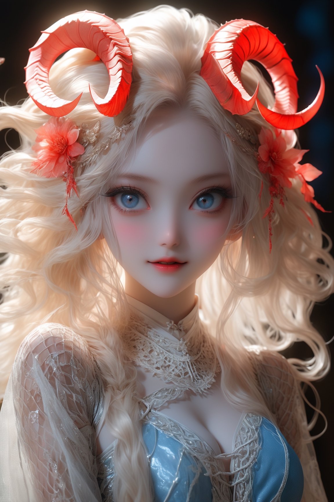 1 girl, (,Full body view) , Half body, Showing slim waist,  albino demon girl,((slit pupil eyes)),mesh fishnet blouse, (long intricate horns:1.2) ,alabaster skin, A benevolent smile, girl has Beautiful deep blue eyes, soft expression, Depth and Dimension in the Pupils,bondage harness, beautiful Korean 20yo girl, idol face, gorgeous girl, {beautiful and detailed eyes}, {normal limbs and fingers}, ((accurate hands without incongruity)), The face of a young actress in korea, high details, High quality, beauty face, perfect face, beautiful accurate face (eyes, nose and mouth), big_breasts, Detailed face, Detailed eyes, perfect foot, perfect hand, perfect fingers, Clean facial skin, slim and perfect body, film grain, realhands, looking at viewer, best quality, highest quality, extremely detailed CG unity 8k wallpaper, detailed and intricate, 