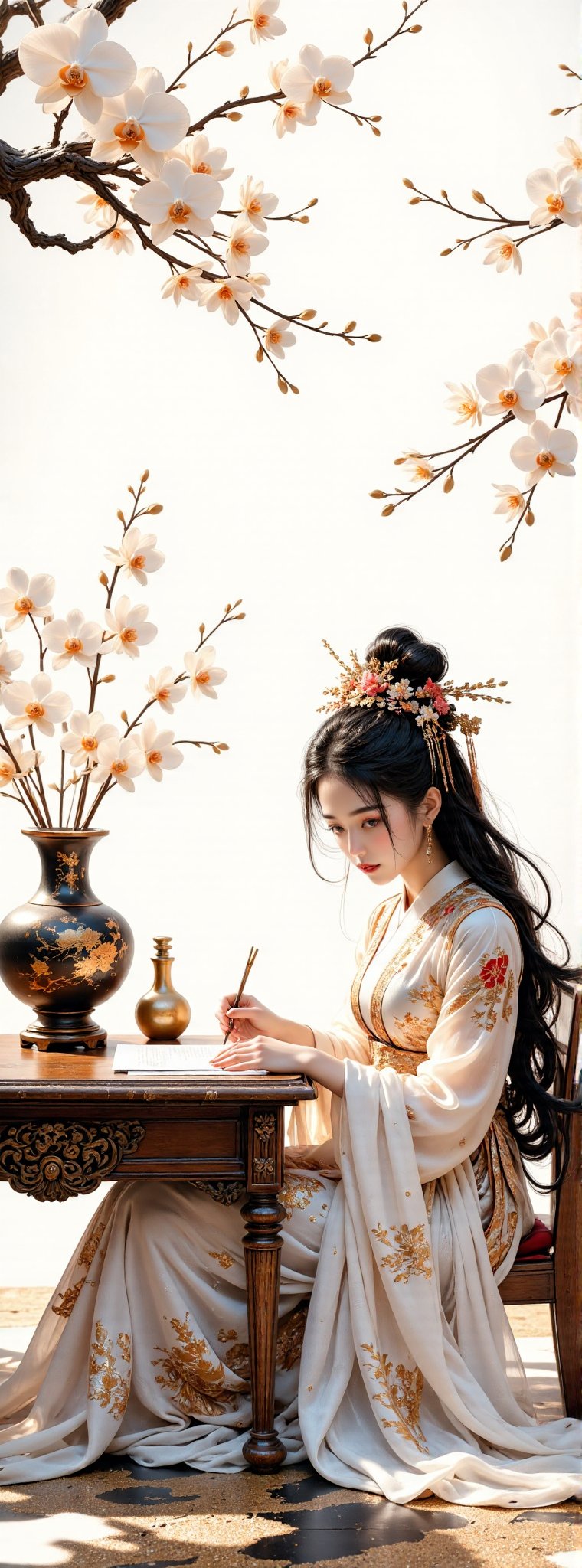 Score_9, score_8_up, score_7_up, A serene tableau unfolds: a transparent watercolor sketch on a simple, white background.((indigo  hair)) A cloisonné Chinese vase sits atop a classical desk, flanked by gladioli and large white phalaenopsis. Against this understated backdrop, an elegant young woman dons white Hanfu, her long flowing hair and delicate features a testament to ancient oriental beauty. With brush in hand, she pens calligraphy, her eyes focused on the task at hand, as the soft glow of golden, red, black, and white hues harmonize to evoke a sense of refinement and contemplation. Movie special effects style. 