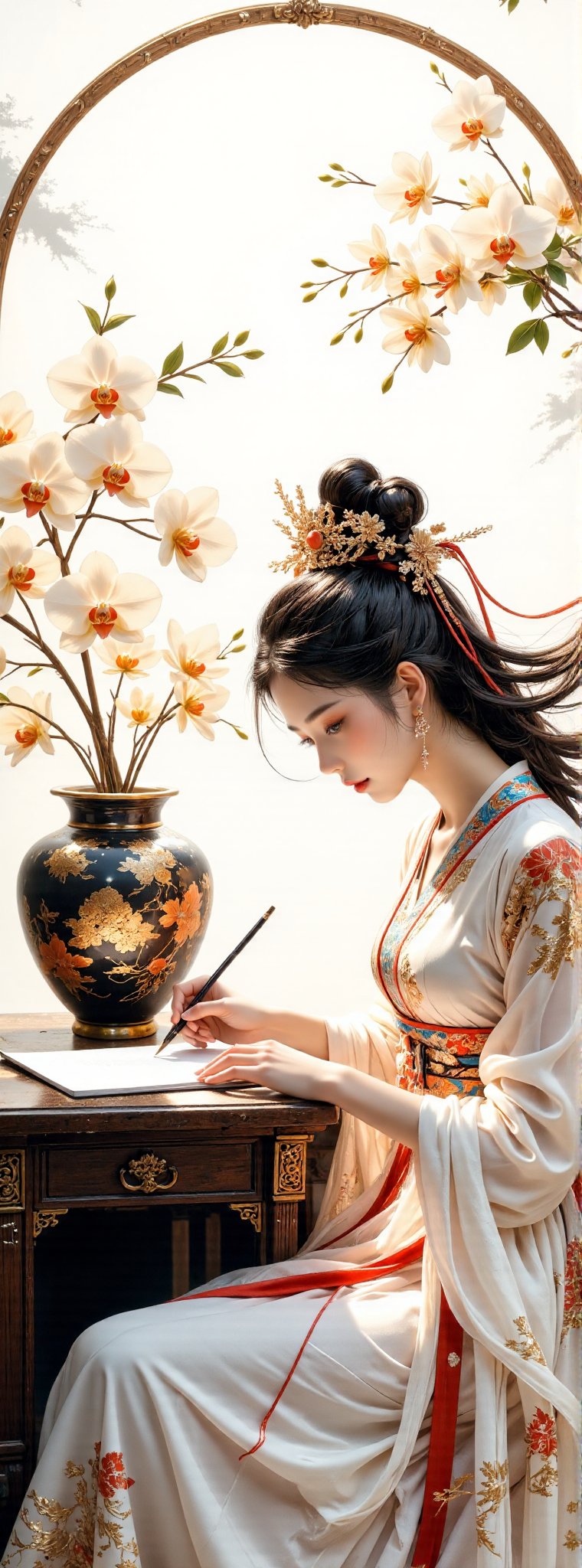 Score_9, score_8_up, score_7_up, A serene tableau unfolds: a transparent watercolor sketch on a simple, white background. A cloisonné Chinese vase sits atop a classical desk, flanked by gladioli and large white phalaenopsis. Against this understated backdrop, an elegant young woman dons white Hanfu, her long flowing hair and delicate features a testament to ancient oriental beauty. With brush in hand, she pens calligraphy, her eyes focused on the task at hand, as the soft glow of golden, red, black, and white hues harmonize to evoke a sense of refinement and contemplation. Movie special effects style. 