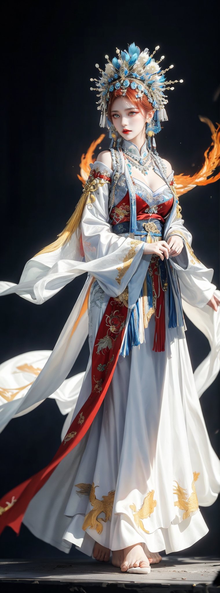 Realistic style, cowboy shot, 1 girl,((light red hair)) 23-year-old Taiwanese beauty wears a Peking Opera actress's headdress, earrings, necklaces, bracelets, and a fine silk costume with exquisite white dragon and phoenix embroidery patterns, natural big breasts, Perfect body, perfect legs, bare feet, on the stage of the ancient gorgeous theater. (1girl: 1.4), (RAW photo, best quality), (real, photo real: 1.1), most Best Quality, Masterpiece, Beauty & Aesthetics, 16K, (HDR: 1.2), High Contrast, (Vivid Colors: 1.3), (Soft Colors, Dull Colors, Soothing Tone: 0), Cinematic Lights, Ambient Light, Side light, fine details and textures, cinematic shots, warm colors, (bright and intense: 1.1), wide angle shots, xm887, surreal illustration, Siena's natural proportions, silver hair, dynamic poses, body and hands The precise anatomy of four fingers and a thumb