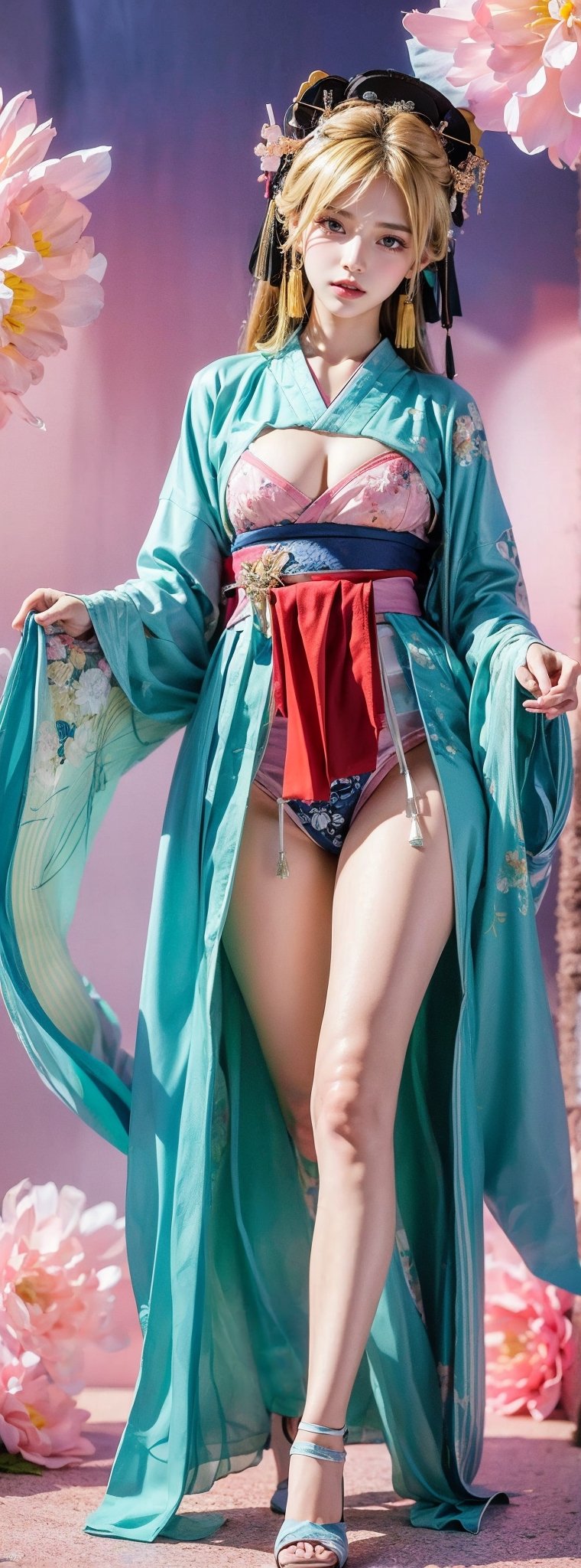 (masterpiece, best quality, photorealistic, high resolution, 8K raw photo),((blonde hair)) opsional,21yo beautiful japanese girl,erotic lingerie,(((Japanese Geisha's clothes))),japanese hair style,(((Very short Kimono skirt with visible crotch))),erotic panty,big bust,colorful, jewelry,beautiful Slender,very long blowing hair,look at viewer,erotic pose,ellegance,sexy,smooth skin,sensuality and allure, cleavage, detailed face, detailed hands. makeup, eyeliner, eyeshadow, glossy lips, sensual pose, in pain, fans cheering,thousands of fans pink aesthetic background,captivating and visually stunning piece of fractal art featuring,created by a renowned artist, displaying extremely intricate details,vibrant colors. Formal artistic quality with strong aesthetic appeal. High resolution rendering 8k,skirt_lift,1 girl,windlift,dress,STANDING