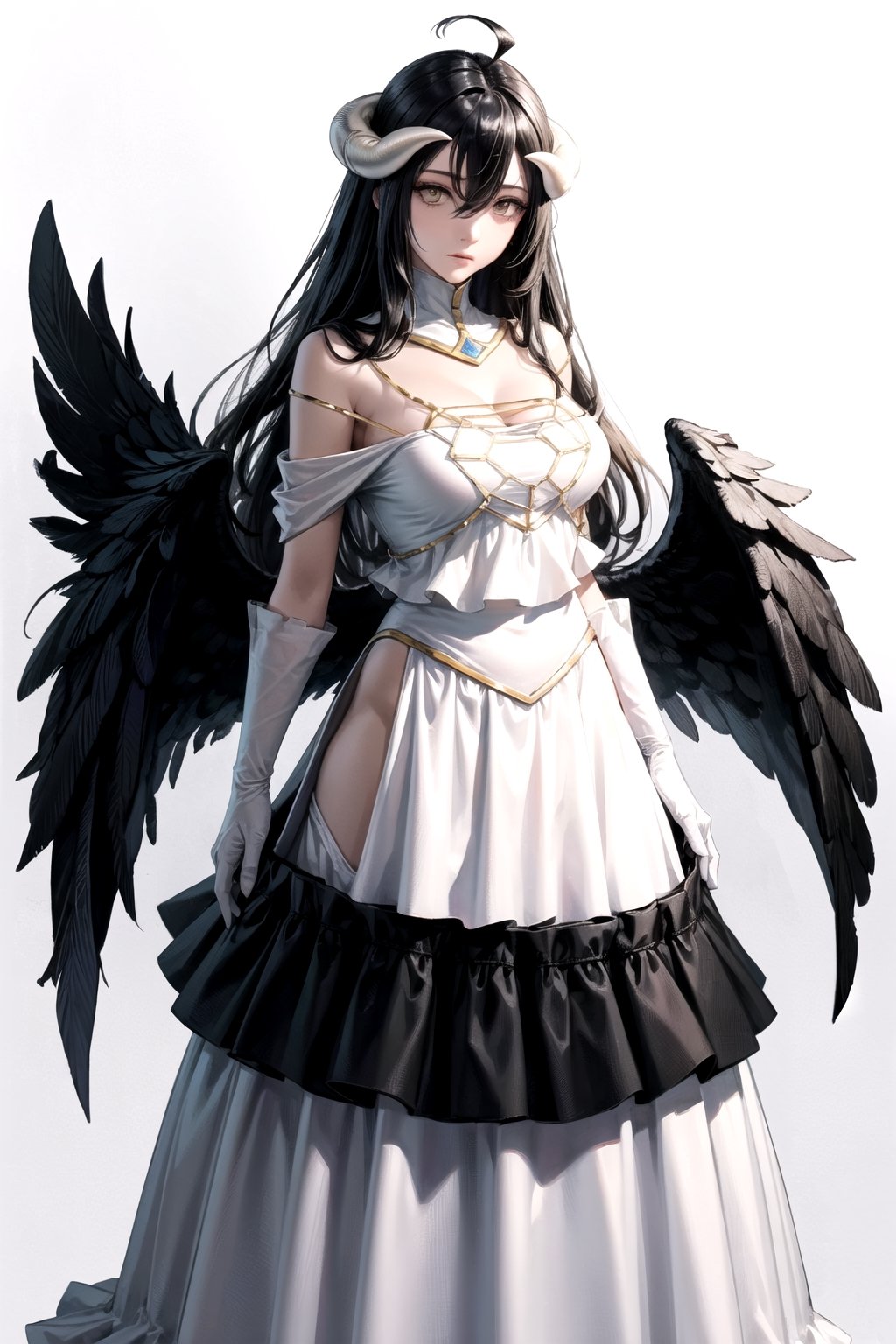 //Quality,
masterpiece, best quality
,//Character,
1girl, solo
,//Fashion,
,//Background,
white_background
,//Others,
,al1, demon horns, white gloves, white dress, bare shoulders, detached collar, cleavage, slit pupils, black wings, feathered wings, low wings,white dress,detached collar, full_body