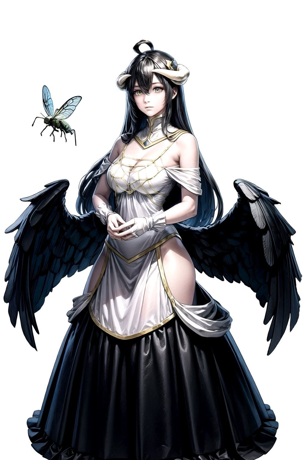 //Quality,
masterpiece, best quality
,//Character,
1girl, solo
,//Fashion,
,//Background,
white_background
,//Others,
,al1, demon horns, white gloves, white dress, bare shoulders, detached collar, cleavage, slit pupils, black wings, feathered wings, low wings,white dress,detached collar, full_body,firefliesfireflies