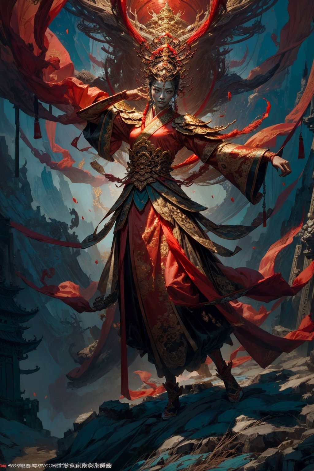 Full body shot of a character standing in majestic pose, realistic representation of a fantasy chinese empress with the most sumptuous wedding hanfu dress made of red silk and richly embroidered with gold and silver threads, intricately carved golden badges and tassels. Art by Yoshitaka Amano, Huang Guangjian, Zhong Fenghua, stunning interpretive visual, gothic regal, colorful, realistic eyes, dreamy magical atmosphere, (film grain), (warm hue, warm tone), cinematic light, side lightings,zhongfenghua,gu,weapon,Makeup