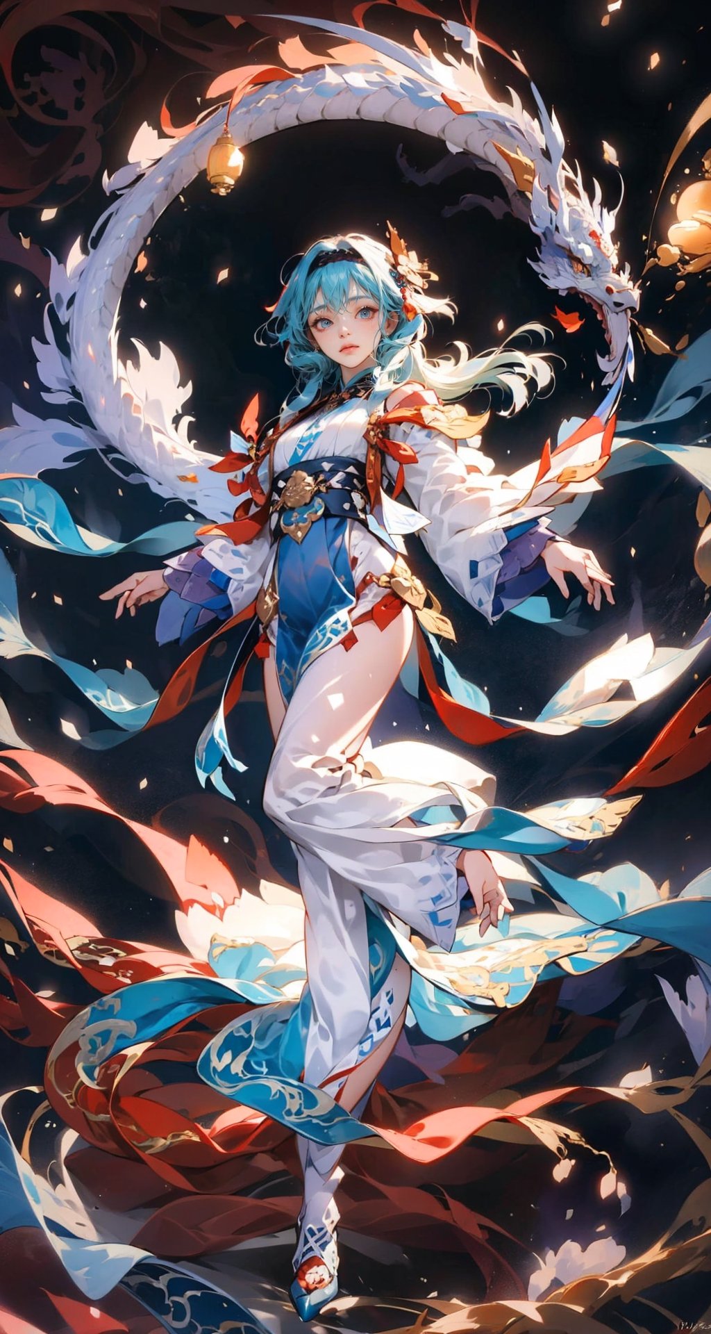 masterpiece, top quality, best quality, official art, beautiful and aesthetic:1.2), (1girl:1.9), purple-blue color long hair, ((multi-colored hanfu fashion)), wind blows, chinese dragon, golden line, (red theme:1.3), ultra-high quality, photorealistic, sky background, dynamic pose, icemagicAI,dragonbaby