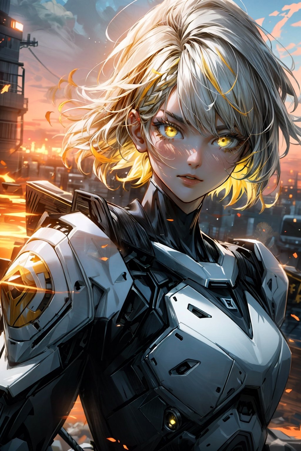 ), (intricate details), photorealistic, unity 8k wallpaper, high detailed face, ultra detailed, intricate details, super complex details, ultra realistic, anamorphic lens, unreal engine, octane render, ray tracing, trending in artstation, particles, smoke, dust, facing audience, 
robot, (, yellow and white armor, glowing eyes,, yellow hair), sunset sky, skyline, 