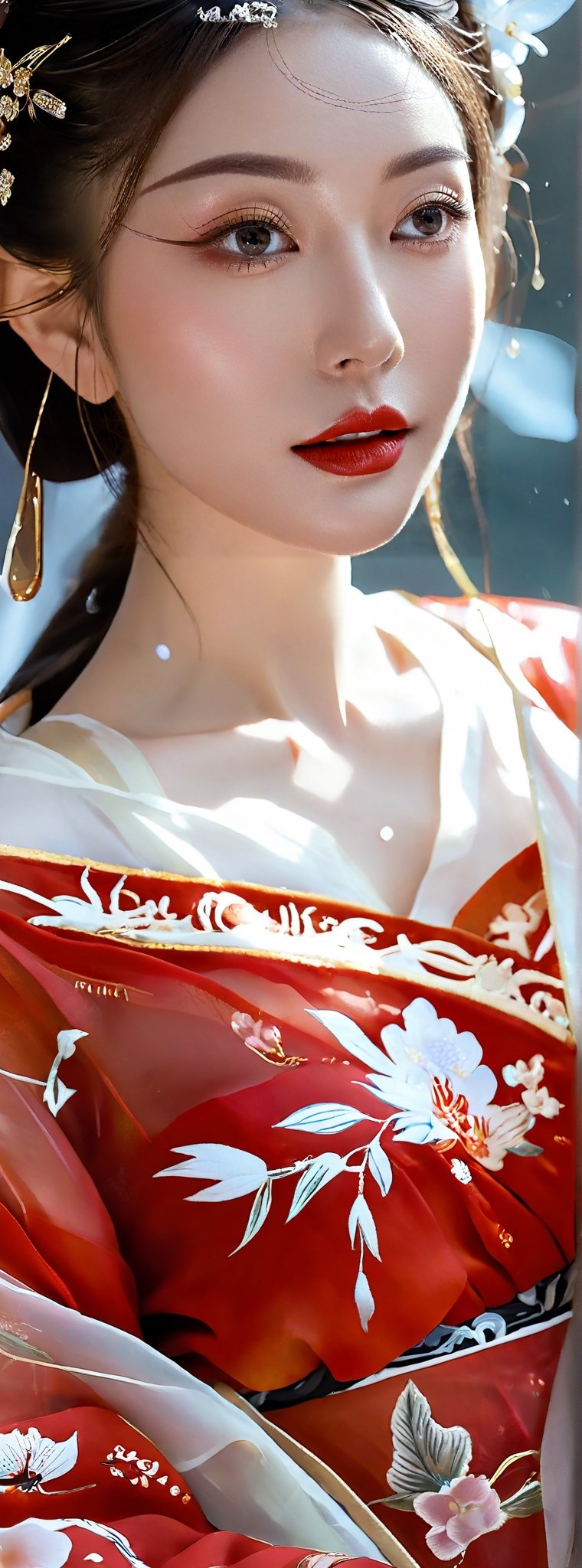 A girl reclining on seat. Wearing exquisite red-white hanfu with chiffon fabric, accentuating her (perfect AND busty) model body and beautiful long legs, mesmerizing sexual attractiveness. An ethereal glamorously beautiful face, v-shaped jawline, with expressive and bright eyes, decorated with glowing bioluminescence eye makeup, her translucent skin texture further highlight the youthful face. hyperrealisitc, raw photo, fujifilm velvia, ancient chinese legendary fantasy theme, concept art, hd 8k, perfect hand, perfect fingers, raining weather, photo_b00ster