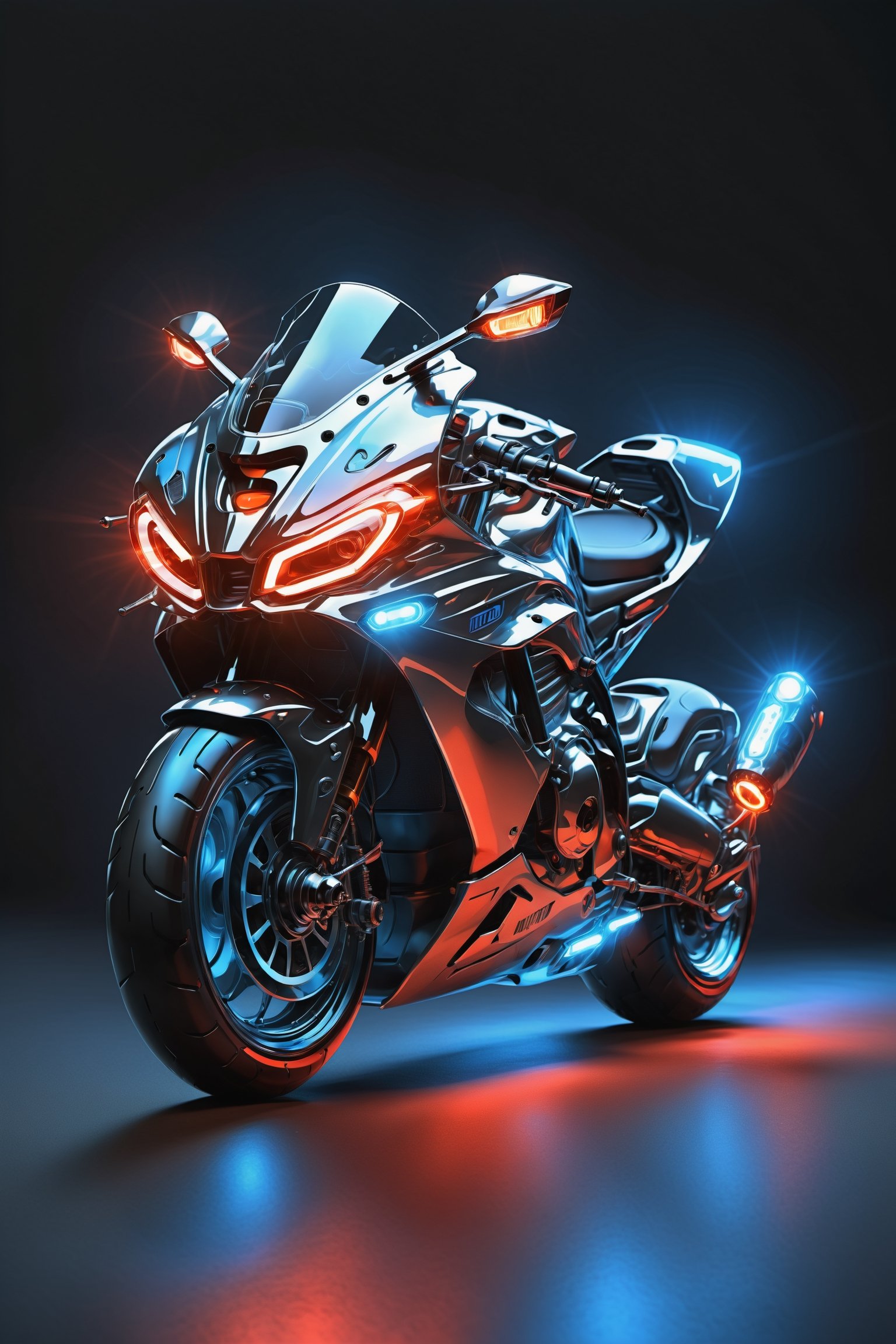 Masterpiece, ultra-definition, super detailed, perfect drawing, 1  transparent SPORT race motocycle with headlight on white lights , Colored blue, silver and black carbonfiber, Industrial design, clean, Luminous neon lit,  red background, Surrealism, UHD, high details, best quality, 2K