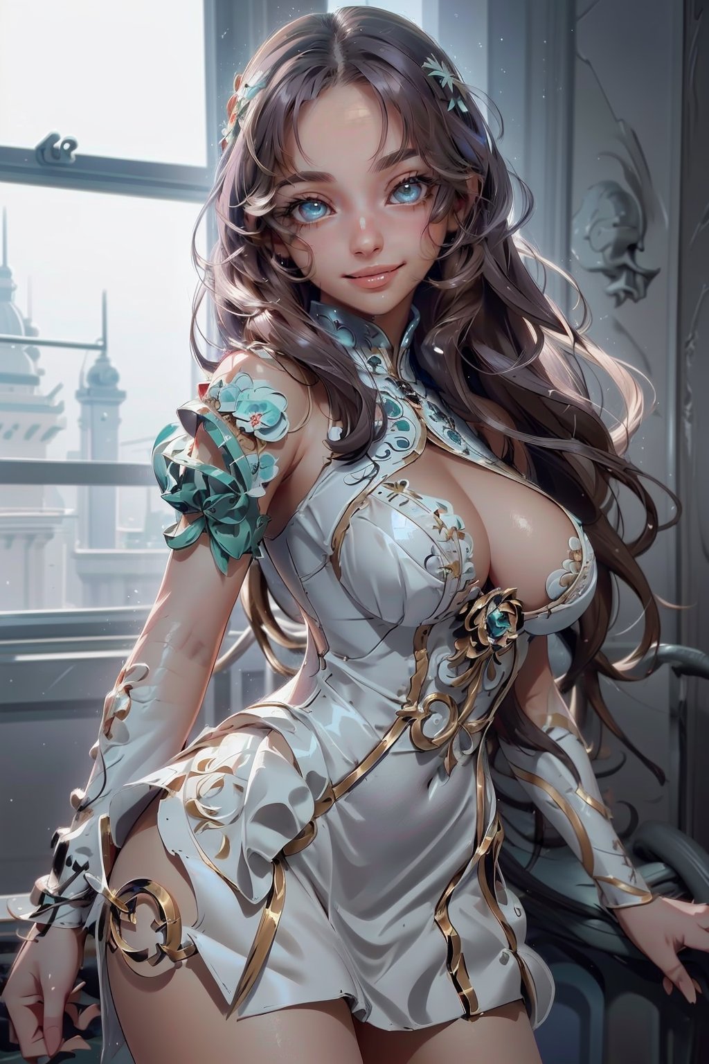 (photorealistic:1.4), (masterpiece, sidelights, exquisite beautiful eyes: 1.5), 、masterpiece, realistic, 3D face,big breasts,(charactor focus:1.5,cowboy shot:1.5),( purple hair:1.5,straight hair:1.5,long hair),(Princess girl,14old),(aqua eyes:1.2),(stand),(neat and clean cute embroidery Princess dress:1.3)、
(beautiful face),(light smile:1.5),Gentle face,happy smile,medium breasts,
neat and clean、adorable、Slim Body,(tareme:1.5),,shiny hair, shiny skin,(shiny background：1.5)、Detail
,Void volumes,3va,rfktr_technotrex