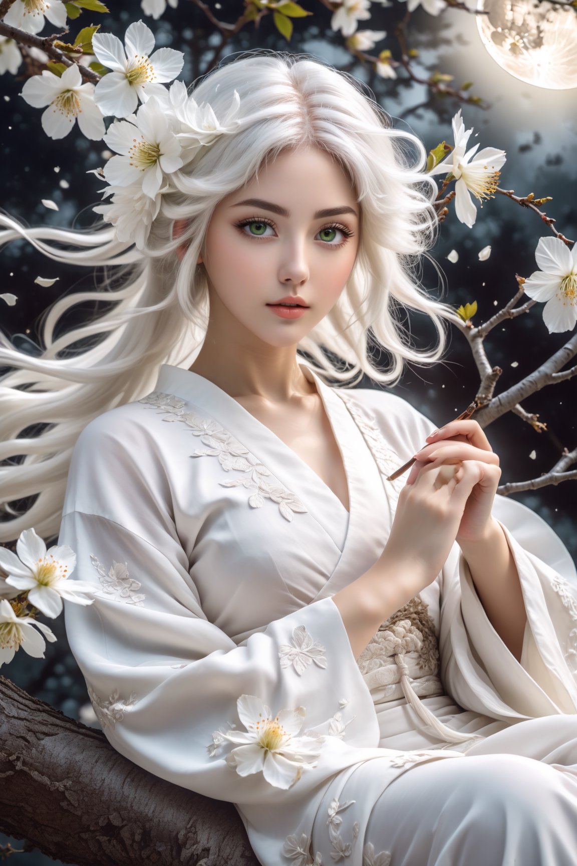 art style, intricate Portrait of  beautiful Japanese girl ,siting on tree, paying flute with white flowy hair wearing a treditonal white , white dress with a silk vibrant white color, hyperdetailed face, hyperdetailed eyes, sharp focus on eyes, 8k UHD, work of beauty and inspiration, flowercore, wide angle  ,alberto seveso style ,A white  flower petals flying with the wind ,large full-moon background ,  glowing fractal art elements  hazel eyes,Anime ,photo r3al