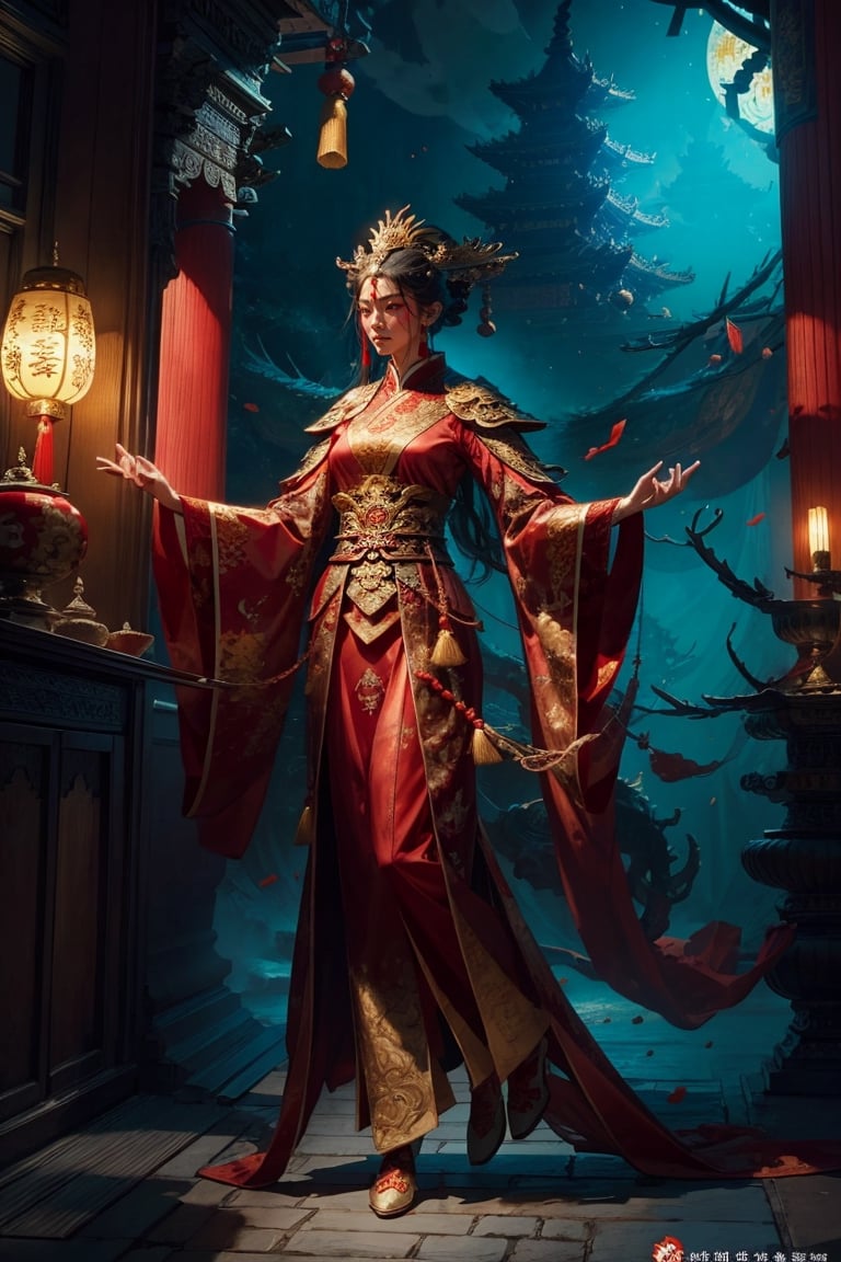 Full body shot of a character standing in majestic pose, realistic representation of a fantasy chinese empress with the most sumptuous wedding hanfu dress made of red silk and richly embroidered with gold and silver threads, intricately carved golden badges and tassels. Art by Yoshitaka Amano, Huang Guangjian, Zhong Fenghua, stunning interpretive visual, gothic regal, colorful, realistic eyes, dreamy magical atmosphere, (film grain), (warm hue, warm tone), cinematic light, side lightings,zhongfenghua,gu,weapon,Makeup