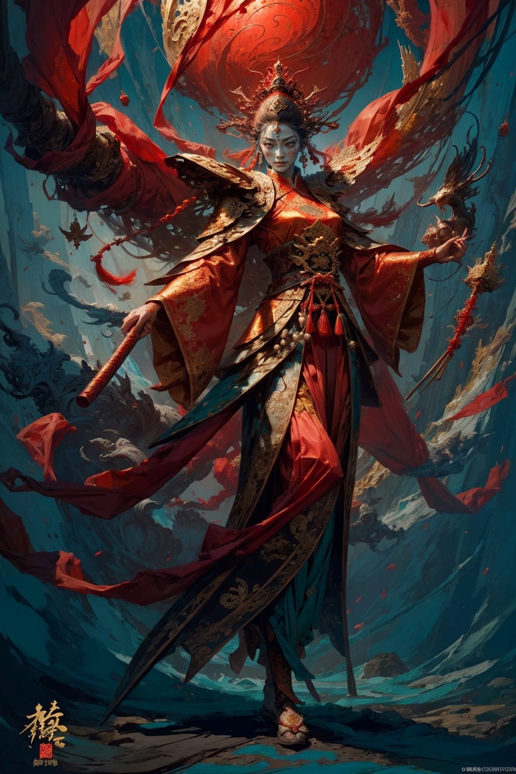 Full body shot of a character standing in majestic pose, realistic representation of a fantasy chinese empress with the most sumptuous wedding hanfu dress made of red silk and richly embroidered with gold and silver threads, intricately carved golden badges and tassels. Art by Yoshitaka Amano, Huang Guangjian, Zhong Fenghua, stunning interpretive visual, gothic regal, colorful, realistic eyes, dreamy magical atmosphere, (film grain), (warm hue, warm tone), cinematic light, side lightings,zhongfenghua,gu,weapon,Makeup