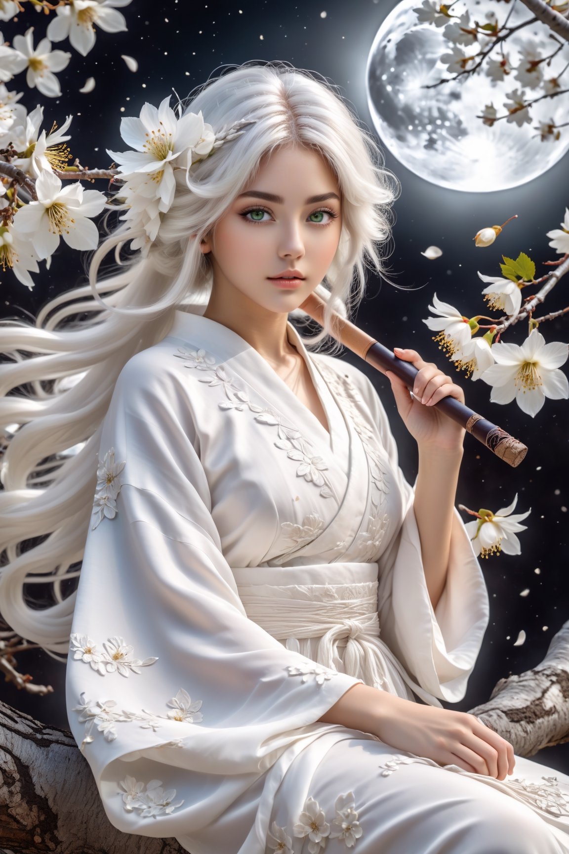 art style, intricate Portrait of  beautiful Japanese girl ,siting on tree, paying flute with white flowy hair wearing a treditonal white , white dress with a silk vibrant white color, hyperdetailed face, hyperdetailed eyes, sharp focus on eyes, 8k UHD, work of beauty and inspiration, flowercore, wide angle  ,alberto seveso style ,A white  flower petals flying with the wind ,large full-moon background ,  glowing fractal art elements  hazel eyes,Anime ,photo r3al