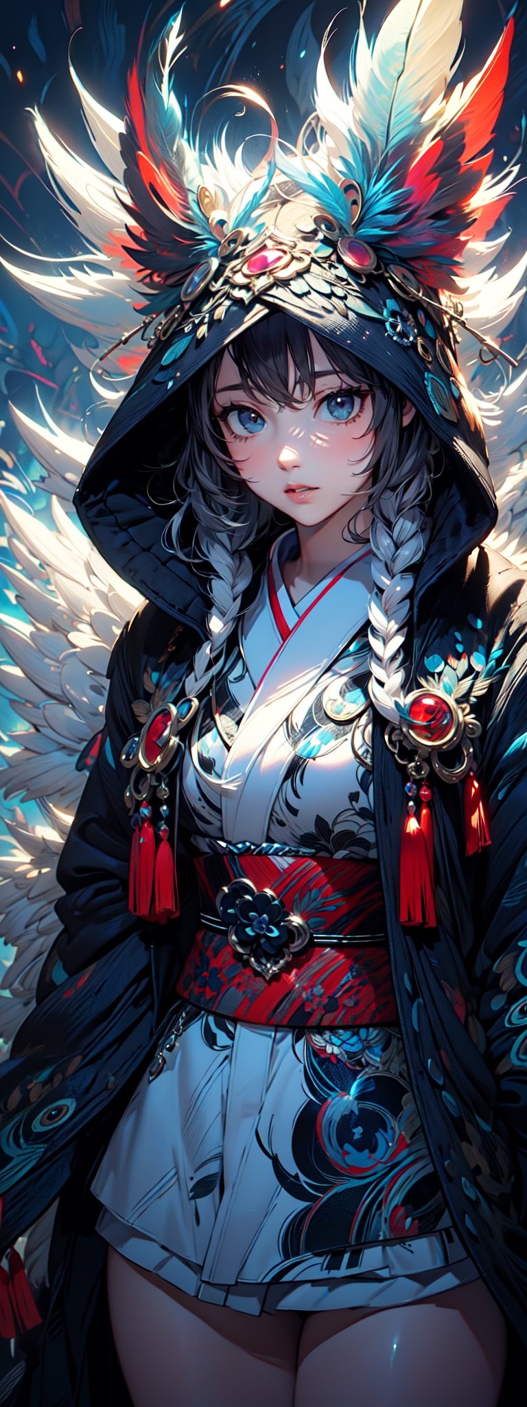 A girl with long indigo hair, fur hooded kimono, indigo hooded kimono, miniskirt, night streets. (Cinematic lighting, ethereal light, intricate details, extremely detailed, incredible details, full colored), complex details, hyper maximalist, masterpiece, best quality, HDR, UHD, unreal engine. head to thigh,xuer peacock feather