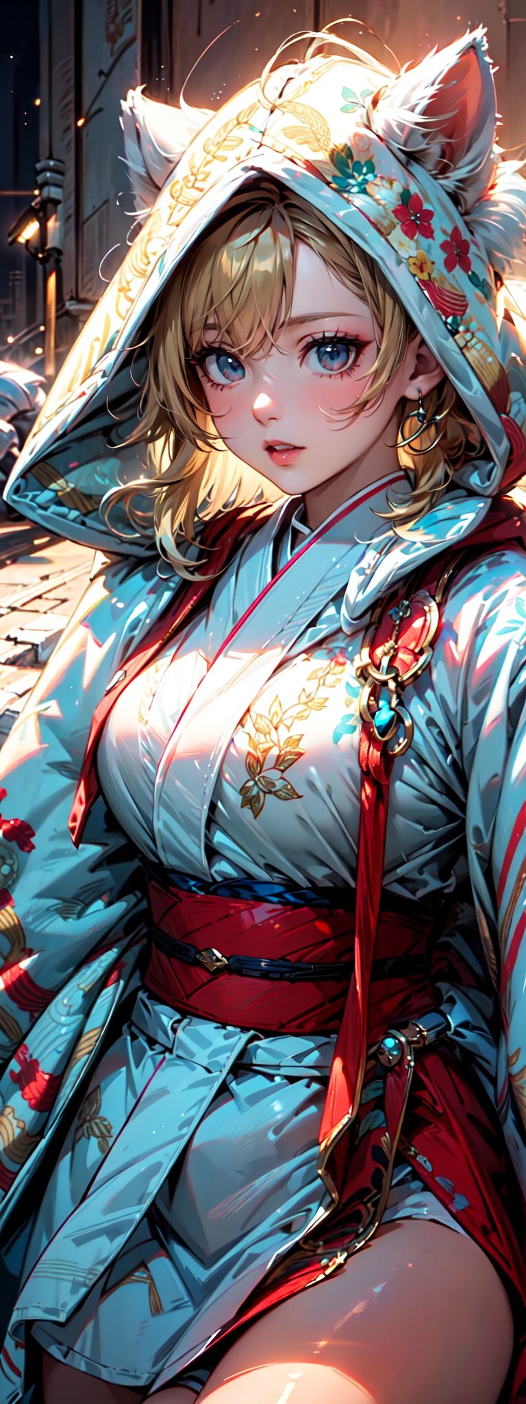 A girl with long blonde hair, fur hooded kimono, red hooded kimono, miniskirt, night streets. (Cinematic lighting, ethereal light, intricate details, extremely detailed, incredible details, full colored), complex details, hyper maximalist, masterpiece, best quality, HDR, UHD, unreal engine. head to thigh,1girl