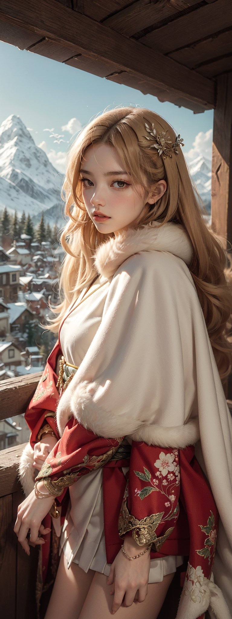 A girl with long blonde hair, wearing a fancy ornate red and white dress that combines a kimono and a fur cape, miniskirt, (scenery). intricate details, extremely detailed, incredible details, full colored, complex details, hyper maximalist, detailed decoration, detailed lines. masterpiece, best quality, HDR, UHD,Detailedface, beautiful girl