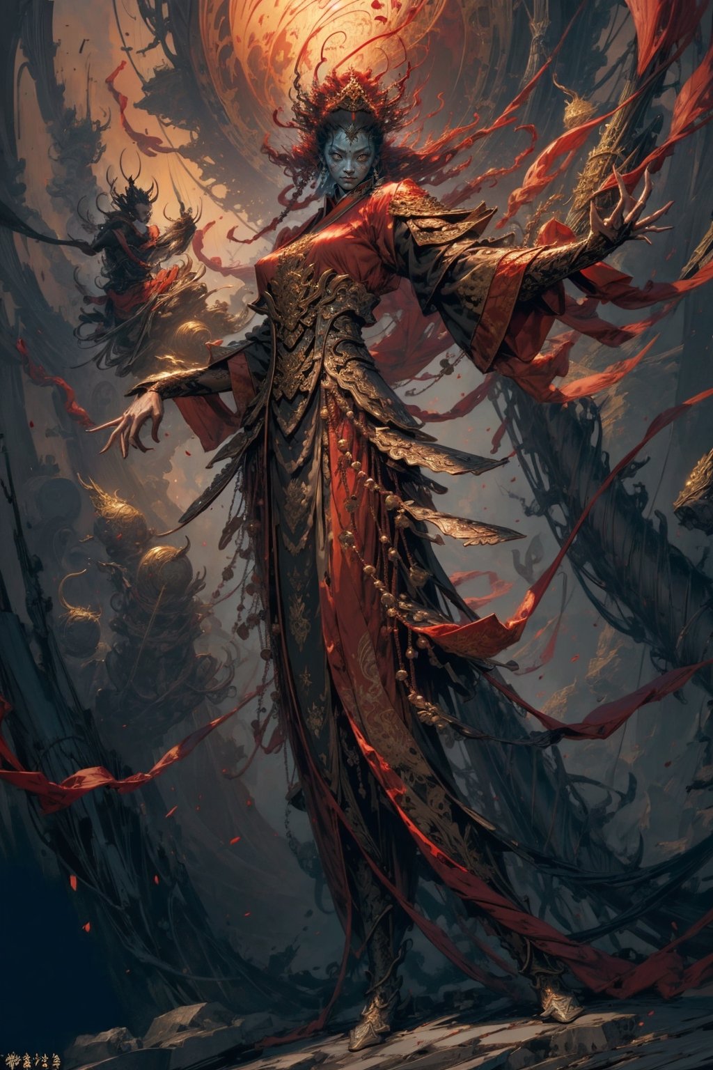 Full body shot of a character standing in majestic pose, realistic representation of a fantasy chinese empress with the most sumptuous wedding hanfu dress made of red silk and richly embroidered with gold and silver threads, intricately carved golden badges and tassels. Art by Yoshitaka Amano, Huang Guangjian, Zhong Fenghua, stunning interpretive visual, gothic regal, colorful, realistic eyes, dreamy magical atmosphere, (film grain), (warm hue, warm tone), cinematic light, side lightings,zhongfenghua,gu,weapon,Makeup,alluring_lolita_girl,horror (theme)