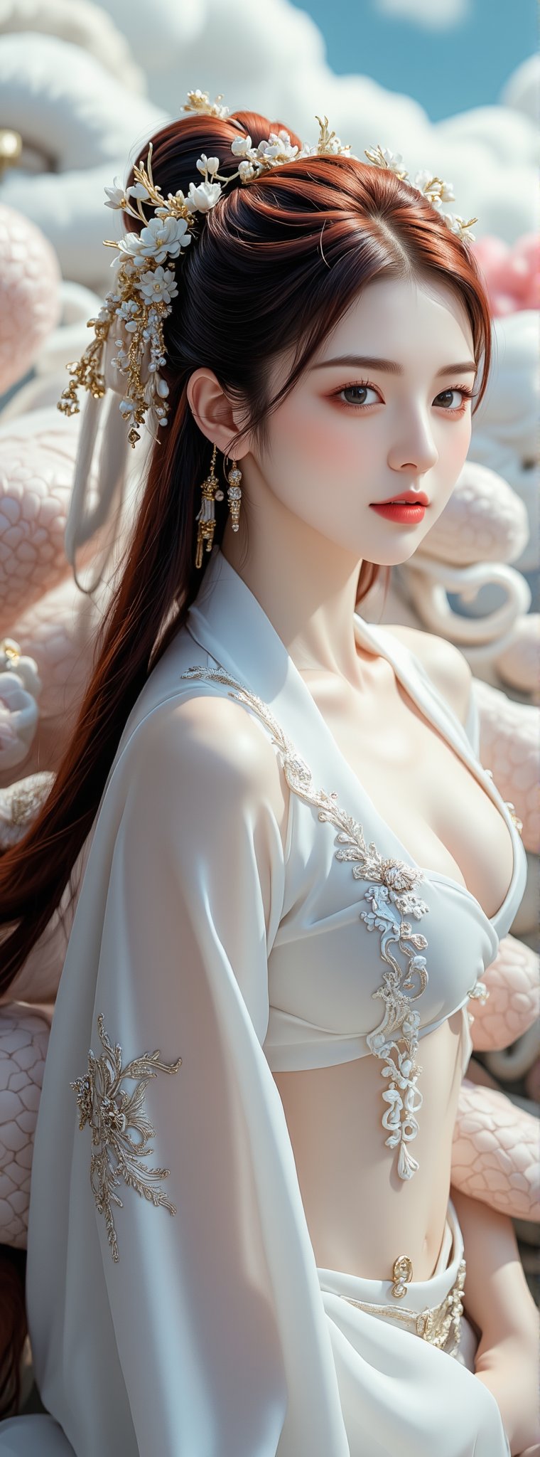 Score_9, score_8_up, score_7_up, score_6_up, magazine cover, with title "The Legend of White Snake",((red hair)) a stunning ancient oriental beauty with a perfect figure, wearing white Hanfu, with exquisite facial features and exquisite black eyes, a white snake behind her. Her silky dress had intricate patterns that added a touch of glamor to her outfit. The woman wears a hairpin on her head, her long black hair is tied into a bun at the back of her head, and she wears gold earrings. The background is the Forbidden City in the sky, with colorful clouds blending together, adding depth to the scene. Movie special effects grade style.