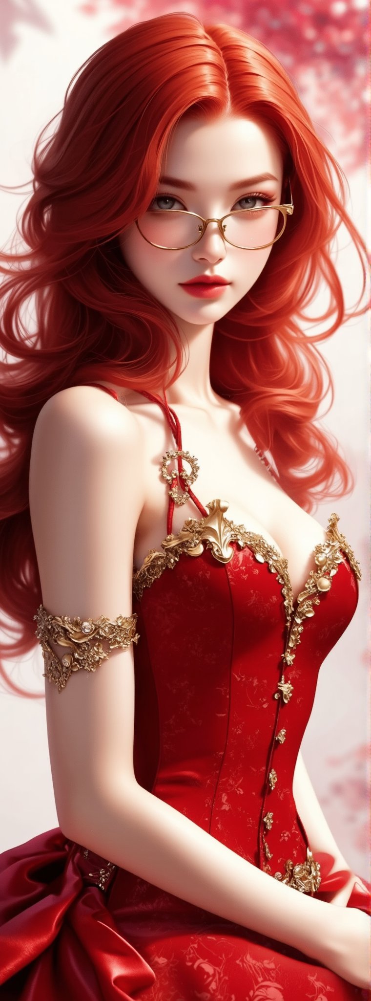 Score_9, score_8_up, score_7_up, A woman stands majestically against a stark white backdrop,((red hair)) dressed in a bold red corset with gold accents that catch the light. She wears stylish glasses perched on the end of her nose, her long hair flowing down her back like a golden waterfall. Her lips are painted a deep red, and her pink-tipped nails add a pop of color to her overall ensemble. Her left hand drapes elegantly over her right shoulder, creating depth and visual interest in the composition. Movie special effects grade style.