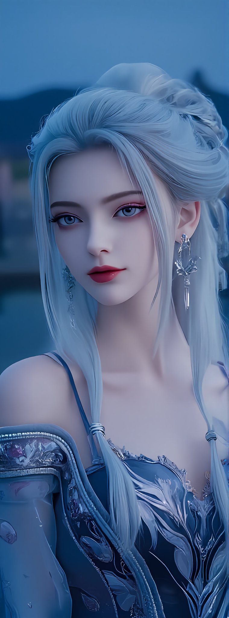 Score_9, score_8_up, score_7_up, score_6_up, 1girl, 23-year-old beauty, looking at the audience, solo,((light blue hair)) gorgeous, perfect face, exquisite facial features, delicate blue eyes, eye shadow, long eyelashes, elegant long blue curly hair, shut up , red lips, lipstick, makeup, upper body, off the shoulders, gorgeous blue and purple dress, jewelry, earrings, portrait, close-up, stunning scenery