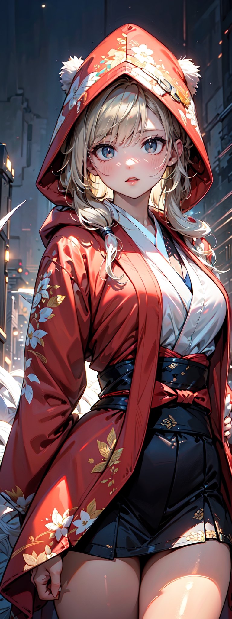 A girl with long blonde hair, fur hooded kimono, red hooded kimono, miniskirt, night streets. (Cinematic lighting, ethereal light, intricate details, extremely detailed, incredible details, full colored), complex details, hyper maximalist, masterpiece, best quality, HDR, UHD, unreal engine. head to thigh,1girl