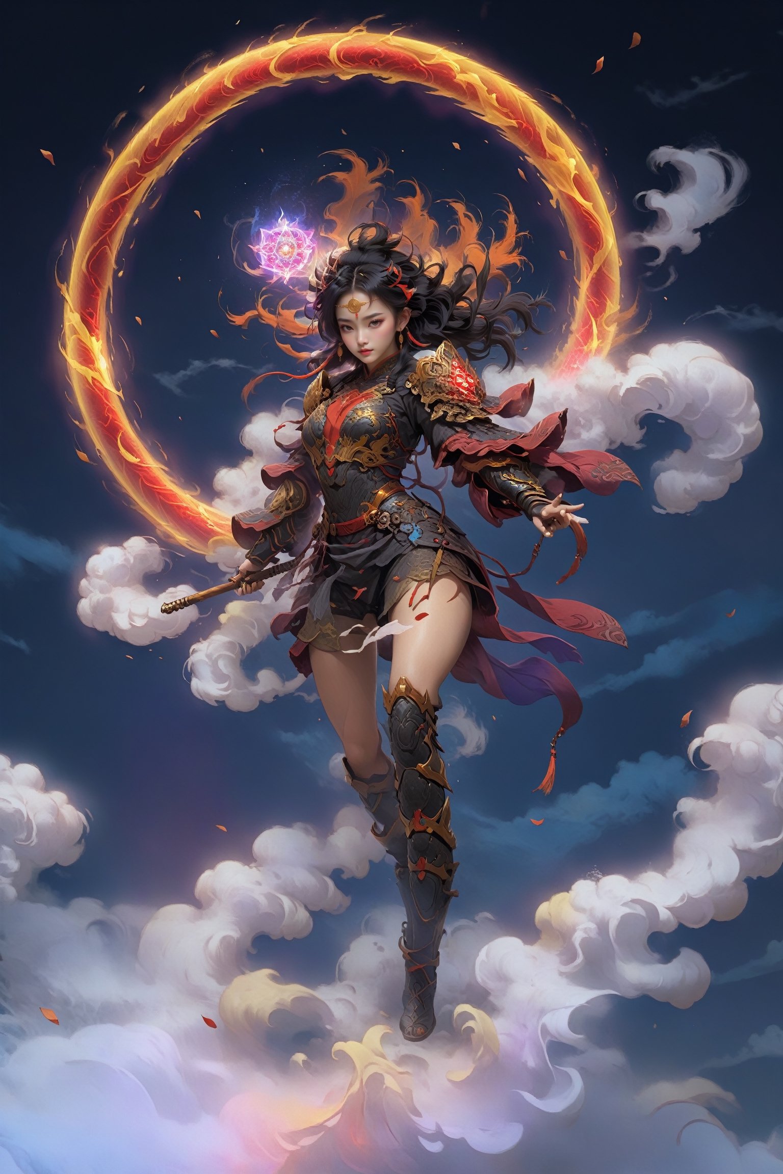 cinematic, ultra realistic, a   girl, short black hair, lighting as part of human body, red armor,((big natural  breasts)), ((holding weapon with spear on fire)), ((Wearing a golden circle from the left shoulder to the right side of the knee)), sparks and surges, good and clear facial features, (((light red aura flower of life as read geometry background))), ready to print, vibrant, Sci-fi, Leonardo Style, high_mountain, (step hot wheels), glowing aura, (red strips of cloth are flying around, red strips embrace his silhouette), light particles,magic circle, (floating_aura:1.4), energy spiral, fantastic atmosphere, fantastic sense of light, science fiction, bloom, Bioluminescent, liquid, floating_fragments:1.3, (depth_of_field:1.4), mythical clouds, ((rainbow_cloud)),aesthetic portrait