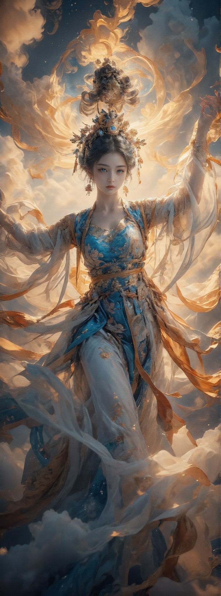 Score_9, score_8_up, score_7_up, A majestic masterpiece! a stunning oriental Goddess descends from the sky in an elegant dance pose,((light teal hair)) her flowing white Hanfu adorned with intricate blue embroidery and sparkling jewelry, shimmering in soft golden light. The fisheye lens captures the grandeur of her movement as she stretches out her hands, against a vibrant cloudscape with the ancient palace rising from the foggy horizon, like a palace in the sky, with high contrast and subtle grayscale tones. Movie special effects style. 