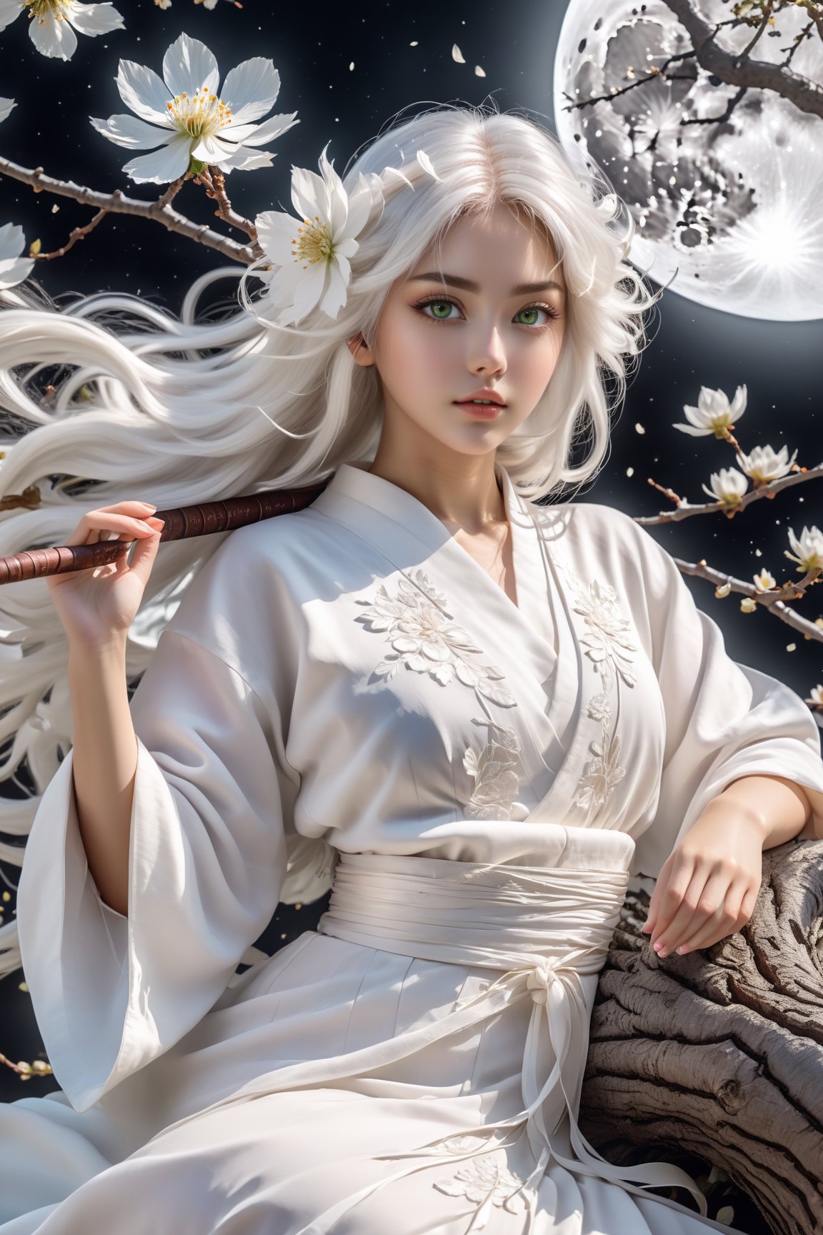 art style, intricate Portrait of  beautiful Japanese girl ,siting on tree, paying flute with white flowy hair wearing a treditonal white , white dress with a silk vibrant white color, hyperdetailed face, hyperdetailed eyes, sharp focus on eyes, 8k UHD, work of beauty and inspiration, flowercore, wide angle  ,alberto seveso style ,A white  flower petals flying with the wind ,large full-moon background ,  glowing fractal art elements  hazel eyes,Anime ,photo r3al