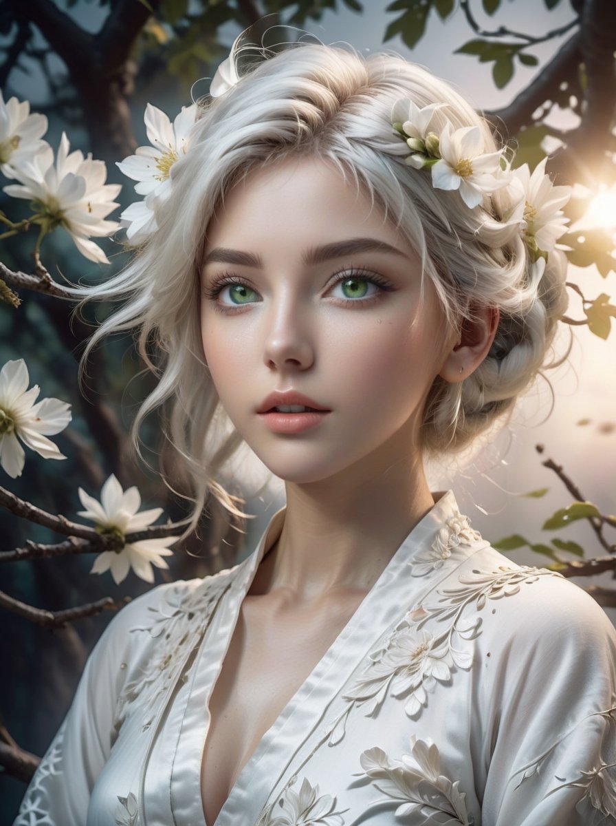 art style, intricate Portrait of  beautiful Japanese girl ,siting on tree, paying flute with white flowy hair wearing a treditonal white , white dress with a silk vibrant white color, hyperdetailed face, hyperdetailed eyes, sharp focus on eyes, 8k UHD, work of beauty and inspiration, flowercore, wide angle  ,alberto seveso style ,A white  flower petals flying with the wind ,large full-moon background ,  glowing fractal art elements  hazel eyes,Anime ,photo r3al