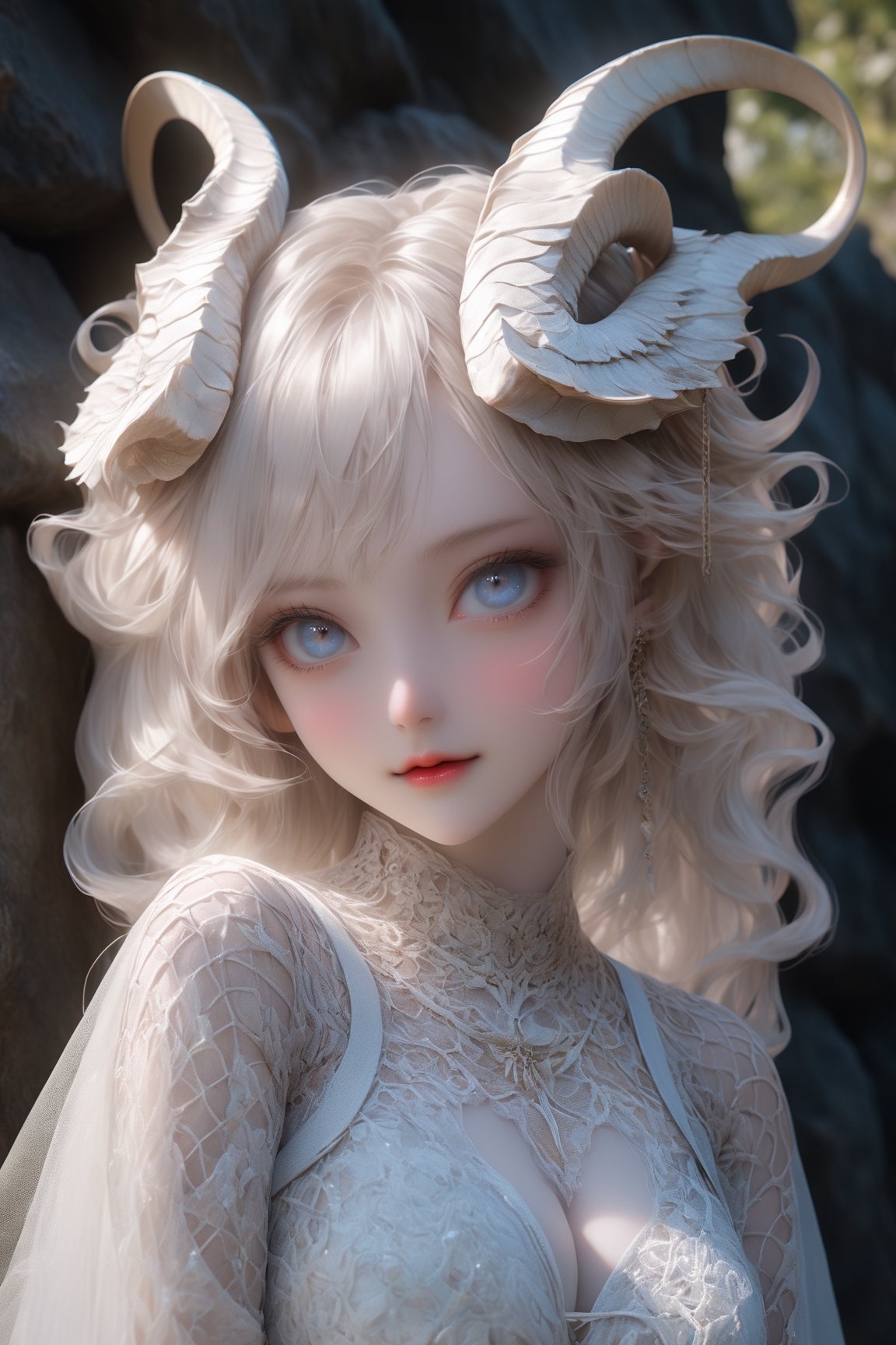 1 girl, (,Full body view) , Half body, Looking up from the feet , Showing slim waist,  albino demon girl,((slit pupil eyes)),mesh fishnet blouse, (long intricate horns:1.2) ,alabaster skin, A benevolent smile, girl has Beautiful deep blue eyes, soft expression, Depth and Dimension in the Pupils,bondage harness, beautiful Korean 20yo girl, idol face, gorgeous girl, {beautiful and detailed eyes}, {normal limbs and fingers}, ((accurate hands without incongruity)), The face of a young actress in korea, high details, High quality, beauty face, perfect face, beautiful accurate face (eyes, nose and mouth), big_breasts, Detailed face, Detailed eyes, perfect foot, perfect hand, perfect fingers, Clean facial skin, slim and perfect body, film grain, realhands, looking at viewer, best quality, highest quality, extremely detailed CG unity 8k wallpaper, detailed and intricate, 