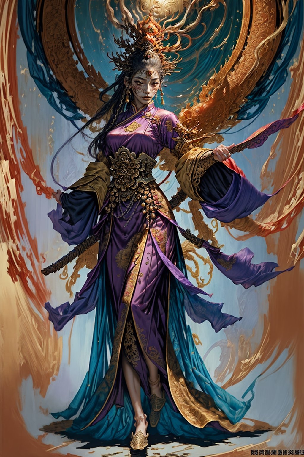 Full body shot of a character standing in majestic pose, realistic representation of a fantasy chinese empress with the most sumptuous wedding hanfu dress made of purple silk and richly embroidered with gold and silver threads, intricately carved golden badges and tassels. Art by Yoshitaka Amano, Huang Guangjian, Zhong Fenghua, stunning interpretive visual, gothic regal, colorful, realistic eyes, dreamy magical atmosphere, (film grain), (warm hue, warm tone), cinematic light, side lightings,zhongfenghua,gu,weapon,Makeup,alluring_lolita_girl