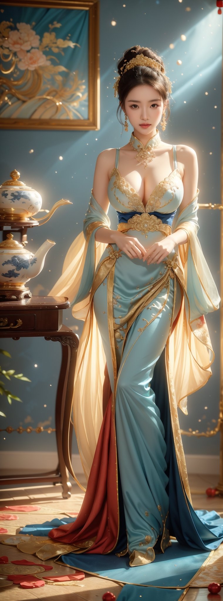 Ceramic material, beige gold tone, a 23-year-old Chinese beauty with an elegant and leisurely face, ((big natural breasts)),standing near a gorgeous single baroque sofa with a blue background and gold edges. Her outfit is predominantly white with navy blue trim and detailed with a detailed peony pattern. Her perfect long legs were exposed, and there was a blue and white porcelain teapot and teacup on the table next to the chair, indicating that this was a tea party. The floor beneath her feet was strewn with pearls and red beads. Directly behind the background is a gold-framed Chinese painting, and ornate interior decoration surrounds the central figure, adding to the luxurious feel of the scene.,pastelbg