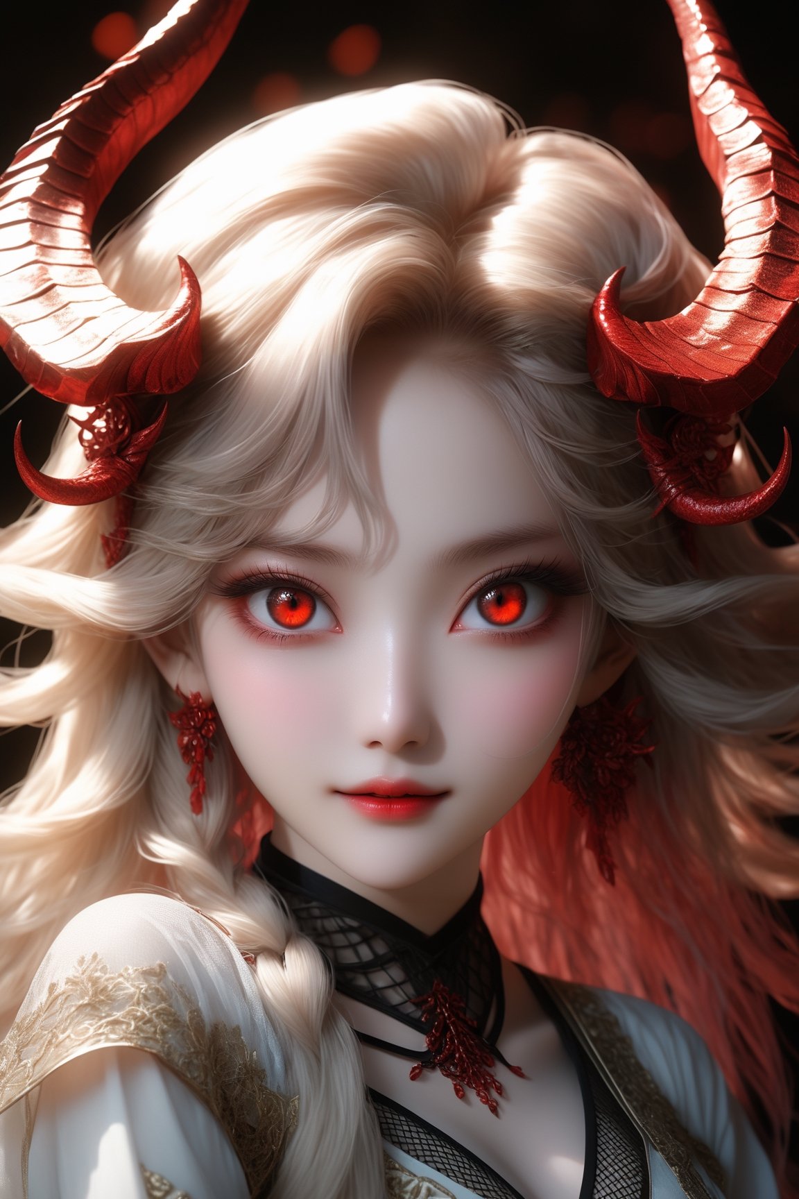 1 girl, (masterful), albino demon girl,((slit pupil eyes)),mesh fishnet blouse, (long intricate horns:1.2) ,alabaster skin, A benevolent smile, girl has Beautiful deep red eyes, soft expression, Depth and Dimension in the Pupils,bondage harness, beautiful Korean 20yo girl, idol face, gorgeous girl, {beautiful and detailed eyes}, {normal limbs and fingers}, ((accurate hands without incongruity)), The face of a young actress in korea, high details, High quality, beauty face, perfect face, beautiful accurate face (eyes, nose and mouth), big_breasts, Detailed face, Detailed eyes, perfect foot, perfect hand, perfect fingers, Clean facial skin, slim and perfect body, film grain, realhands, looking at viewer, best quality, highest quality, extremely detailed CG unity 8k wallpaper, detailed and intricate, 