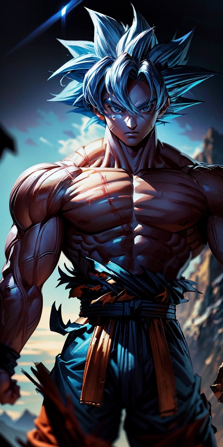 masterpiece, high quality, detailed lighting, son goku, (solo), 1boy, battle damage, (best quality), muscular, blue sky, blurry, blurry background, glacier, male focus, sky, solo, ultra instinct,(( light blue hair)), torn clothes, (good hands), (masterpiece), anatomy, , son goku,son goku,giant_this_guy