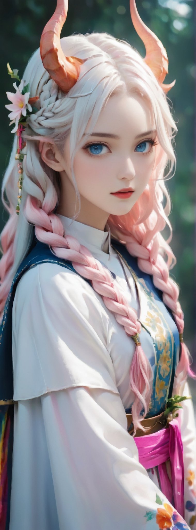 albino Demon Girl, (long intricate horns:1.2),Beautiful nordic girl, a nun adorned in a colorful and stunning floral-patterned habit,(pink wimple),
colorful scapulae,Cross,
Very long braided hair,colorful braided hair,radiating vibrancy and life.,Her attire exudes warmth and kindness, spreading serenity like a blooming garden. With elegant grace, ,mizuki shiranui,aesthetic portrait,ktrmkp,Realistic Blue Eyes,tlps,ct-niji2,FilmGirl