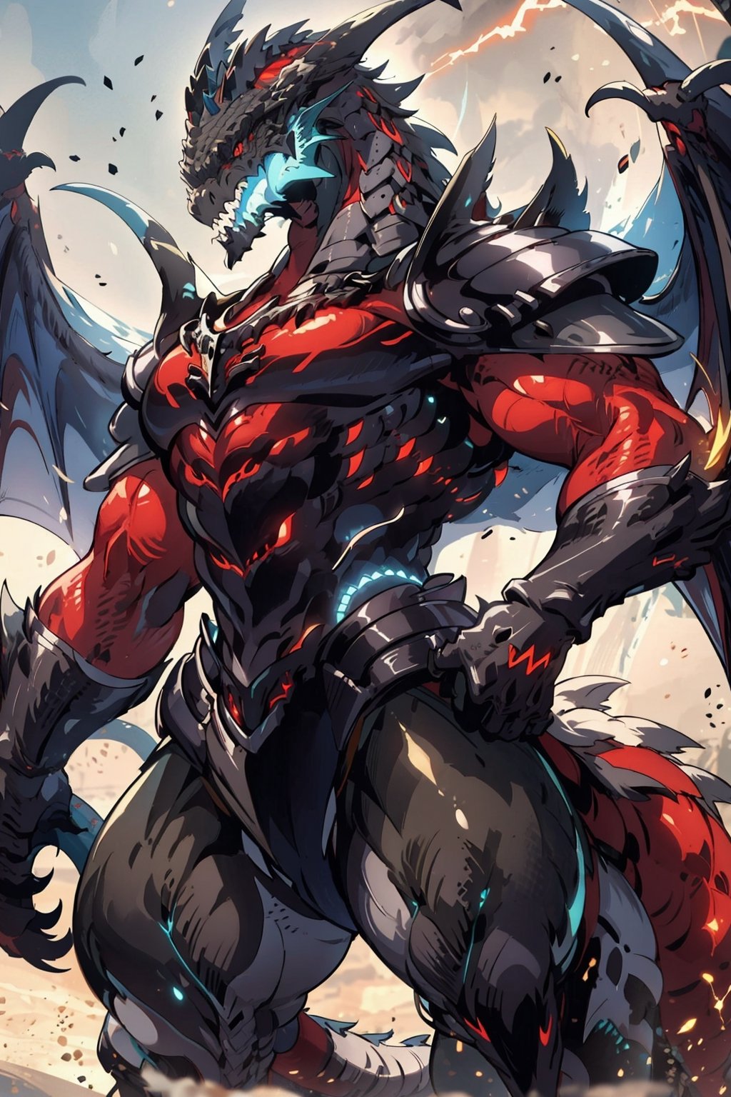 solo, red eyes, standing, tail, cowboy shot, wings, horns, teeth, armor, no humans, glowing, sharp teeth, glowing eyes, claws, monster,dragonknight