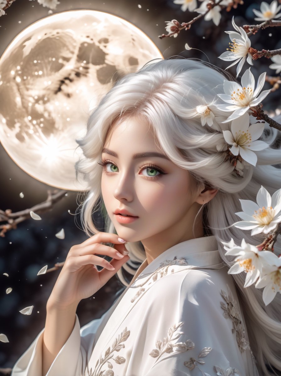 art style, intricate Portrait of  beautiful Japanese girl ,siting on tree, paying flute with white flowy hair wearing a treditonal white , white dress with a silk vibrant white color, hyperdetailed face, hyperdetailed eyes, sharp focus on eyes, 8k UHD, work of beauty and inspiration, flowercore, wide angle  ,alberto seveso style ,A white  flower petals flying with the wind ,large full-moon background ,  glowing fractal art elements  hazel eyes,Anime ,photo r3al