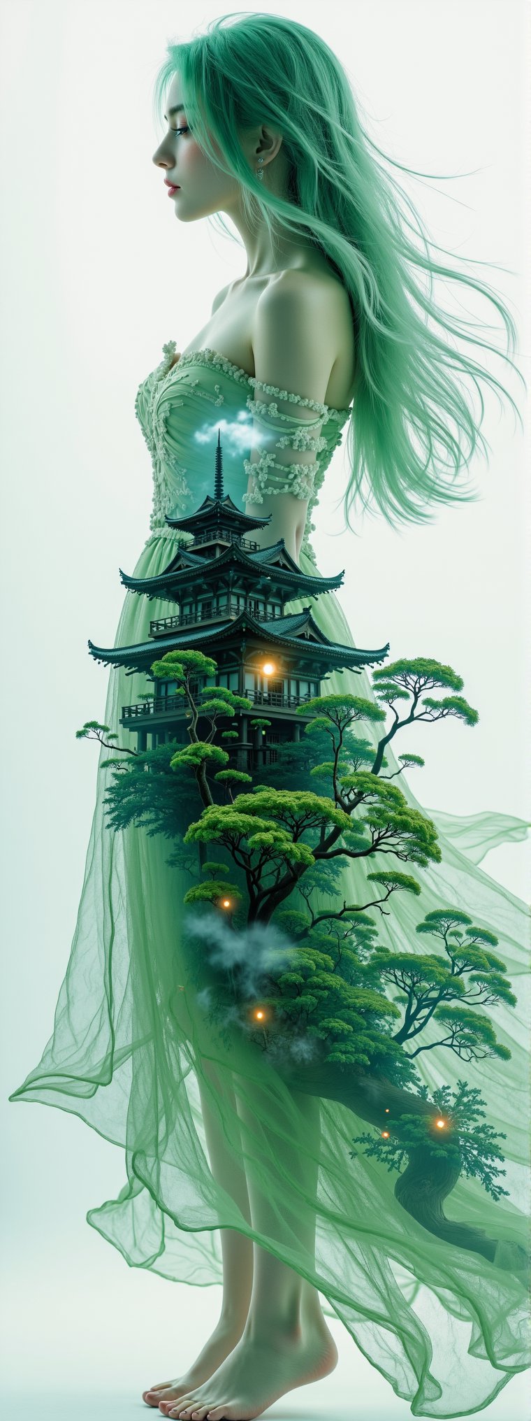 Create a majestic 8K resolution 3D double exposure artwork featuring a fullbody silhouette of 23 years old ((light green hair))Japanese beauty in green and white gauze dress, bright blue eyes, {beautiful delicate eyes}, colorful long hair, hourglass figure, beautiful legs, hot figure, set against a japanese garden. Within this beauty's form, incorporate: 

Inside woman's silhouette, depict Japanese castle,Midjourney_Whisper