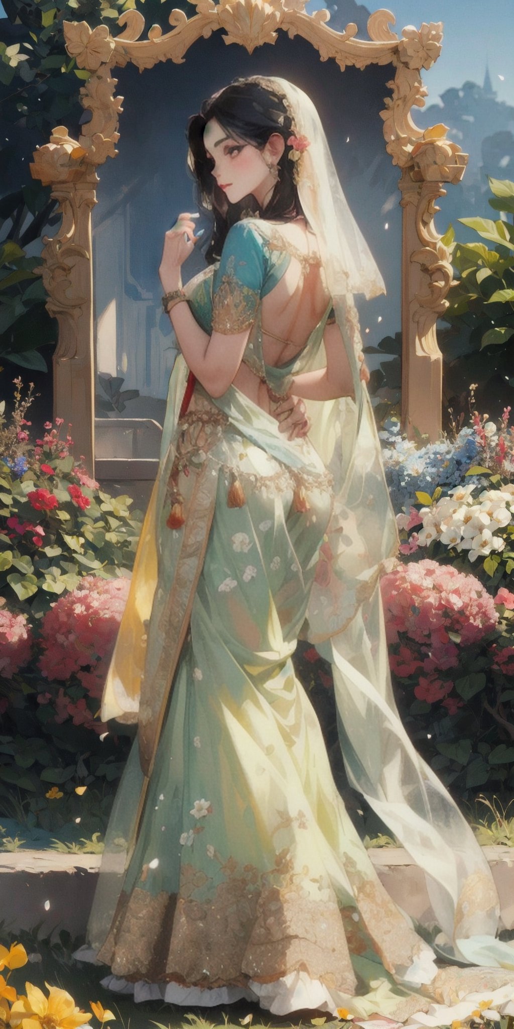 "(Front side),Generate a picturesque and enchanting visual representation of a stunning Indian girl in a lush flower garden. She possesses captivating black eyes that mirror the depth of the night sky, and her long, flowing black hair cascades gracefully down her back.

The girl is dressed in elegant and vibrant Indian-style clothing, adorned with intricate patterns and vibrant colors that harmonize with the blooming flowers around her. Her attire should reflect the rich cultural heritage of India.

Surrounded by a diverse array of colorful flowers in full bloom, the garden is a paradise of natural beauty. The scene should capture the girl's connection to nature, radiating a sense of tranquility and splendor.

This image should evoke the timeless charm and grace of an Indian girl in the midst of a breathtaking flower garden." Photographic cinematic super super high detailed super realistic image, 8k HDR super high quality image, masterpiece ,Saree,perfecteyes,k4k3k,lite brownish skin colour.,beard,fantasy_princess,1 girl,yuzu,FFIXBG,indian_bride