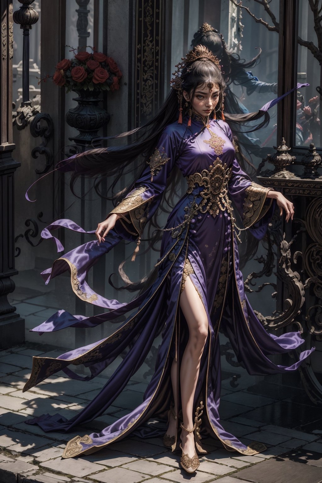 Full body shot of a character standing in majestic pose, realistic representation of a fantasy chinese empress with the most sumptuous wedding hanfu dress made of purple silk and richly embroidered with gold and silver threads, intricately carved golden badges and tassels. Art by Yoshitaka Amano, Huang Guangjian, Zhong Fenghua, stunning interpretive visual, gothic regal, colorful, realistic eyes, dreamy magical atmosphere, (film grain), (warm hue, warm tone), cinematic light, side lightings,zhongfenghua,gu,weapon,Makeup,alluring_lolita_girl