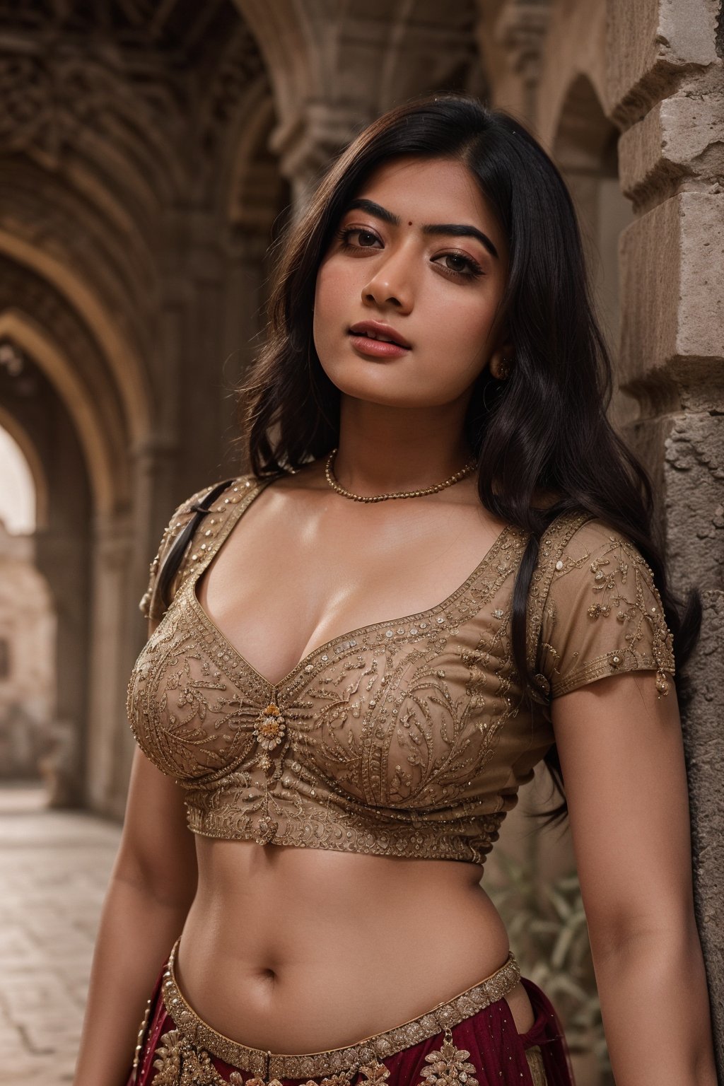 A stunning Rashmika Mandanna, a 23-year-old beauty, wears a breathtaking Zariwork lehenga that accentuates her curves, showcasing a deep cleavage. She stands confidently within the ancient walls of an old castle, her pose exuding elegance and sophistication. The warm lighting highlights the intricate zari embroidery on her outfit, while the camera captures her striking features and the ornate architecture surrounding her.