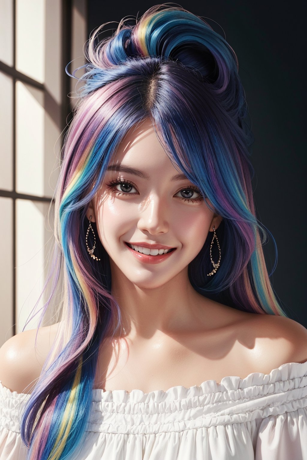 masterpiece, best quality, photorealistic, raw photo, 1girl, long hair, blouse, light smile, detailed skin, pore, off_shoulder, Realism, rainbow hair, rich color