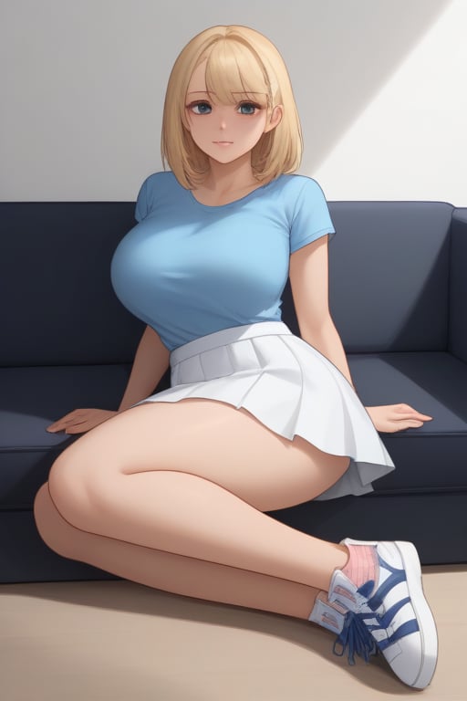 Soft focus captures a teenage girl's serene pose on a plush couch, her porcelain skin radiating warmth under gentle lighting. A white skirt flows effortlessly from her slender figure, paired with a matching top and sneakers. The camera's overhead perspective showcases the simplicity of her outfit, emphasizing the curves of her moderately large breasts and thick thighs. Her full body is framed in the shot, inviting the viewer to appreciate her youthful beauty.