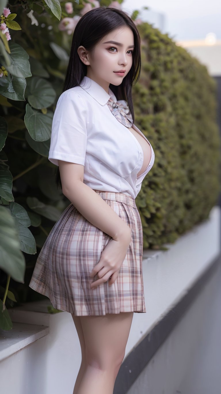 A stunning 20-year-old girl with a baby face and flawless white skin poses confidently outdoors, her pink-hued school uniform standing out against the vibrant greenery. Her piercing grey eyes sparkle beneath a cascade of drill-cut hair tied neatly at the back, while her enormous chests are showcased to perfection. The bokeh effect creates a soft, dreamy atmosphere, with a subtle pink gradient emanating from her locks.